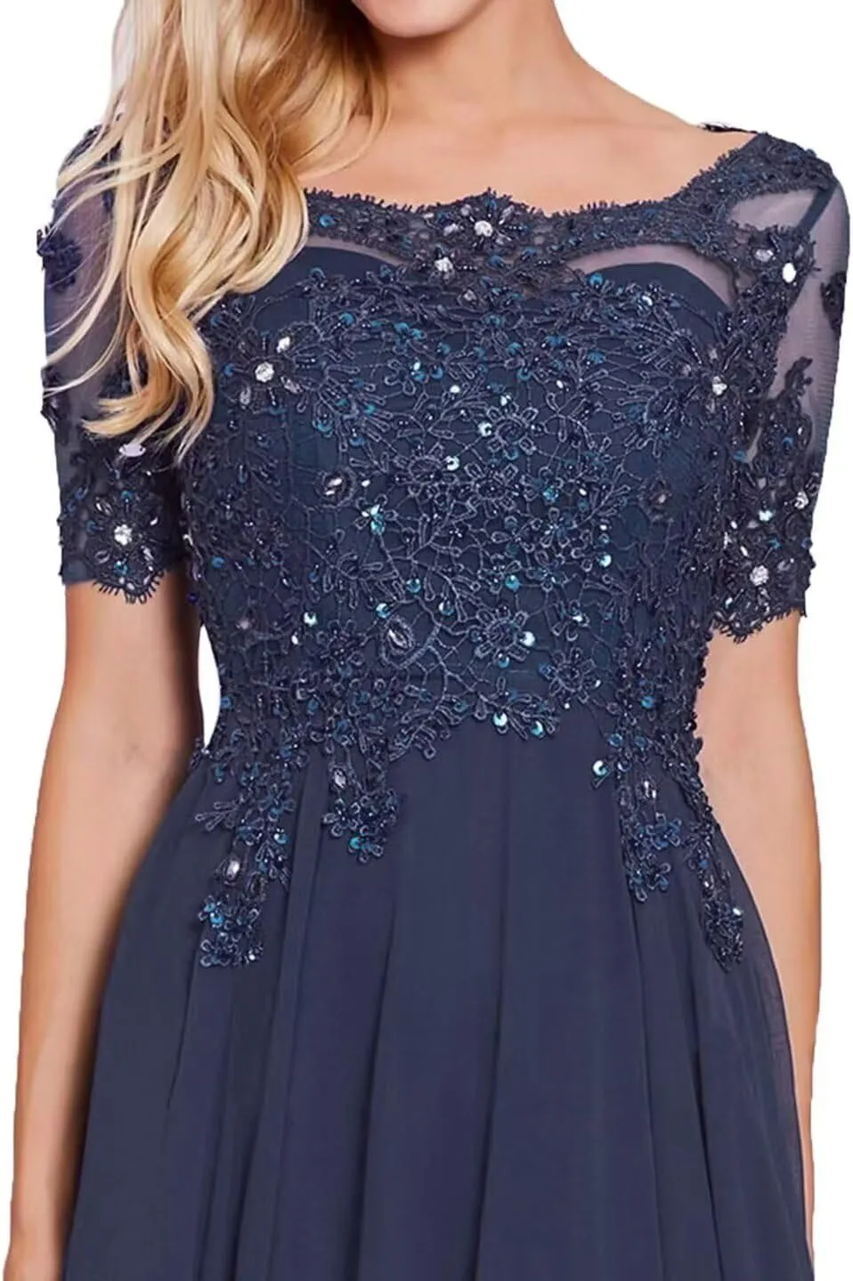 Chiffon Mother of The Bride Dresses Women's Lace Applique Beaded Formal Dresses Short Sleeve Evening Gowns