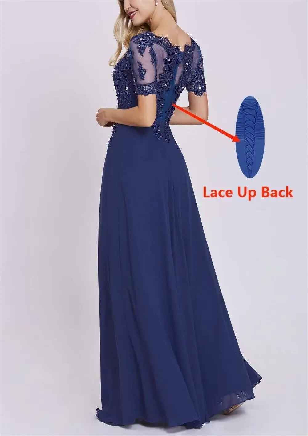 Chiffon Mother of The Bride Dresses Women's Lace Applique Beaded Formal Dresses Short Sleeve Evening Gowns