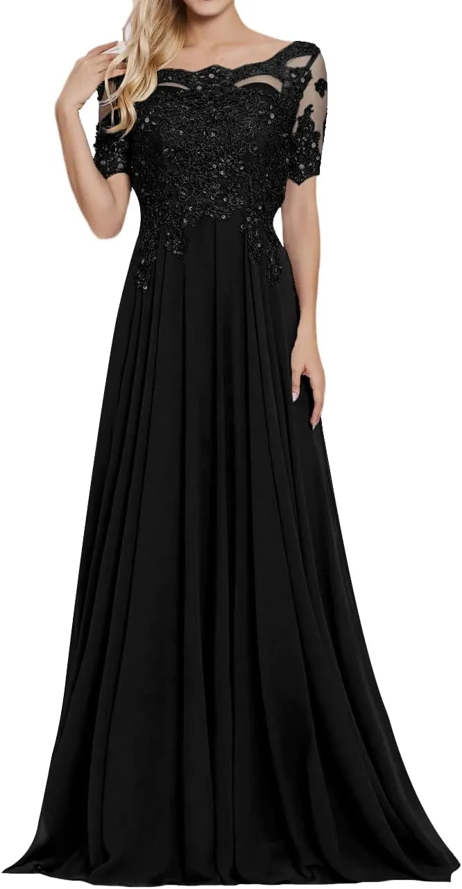Chiffon Mother of The Bride Dresses Women's Lace Applique Beaded Formal Dresses Short Sleeve Evening Gowns