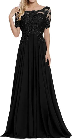 Chiffon Mother of The Bride Dresses Women's Lace Applique Beaded Formal Dresses Short Sleeve Evening Gowns