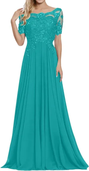 Chiffon Mother of The Bride Dresses Women's Lace Applique Beaded Formal Dresses Short Sleeve Evening Gowns
