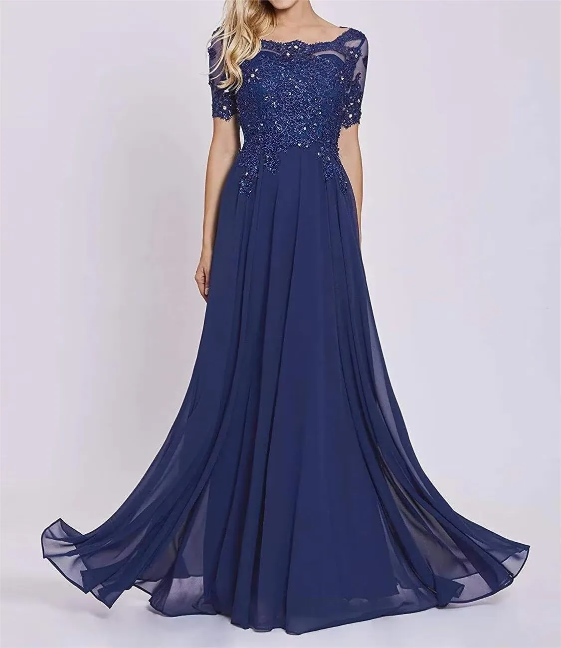 Chiffon Mother of The Bride Dresses Women's Lace Applique Beaded Formal Dresses Short Sleeve Evening Gowns