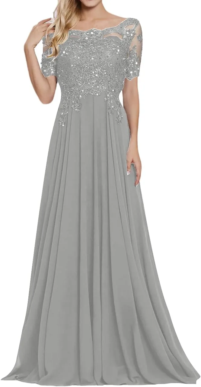 Chiffon Mother of The Bride Dresses Women's Lace Applique Beaded Formal Dresses Short Sleeve Evening Gowns