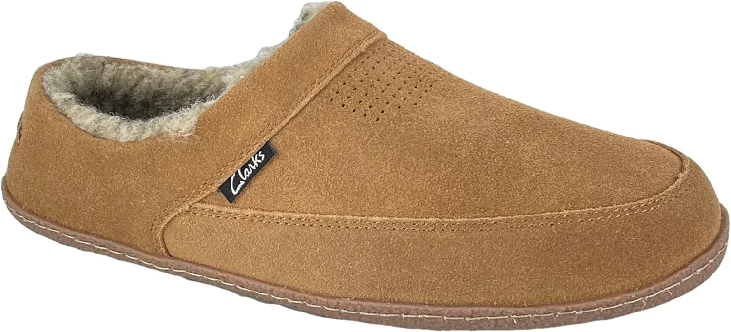 Clarks Mens Slipper Perforated Suede Leather Upper JMS0721 - Warm Plush Sherpa Lining - Indoor Outdoor House Slippers For Men (11 M US, Cinnamon)