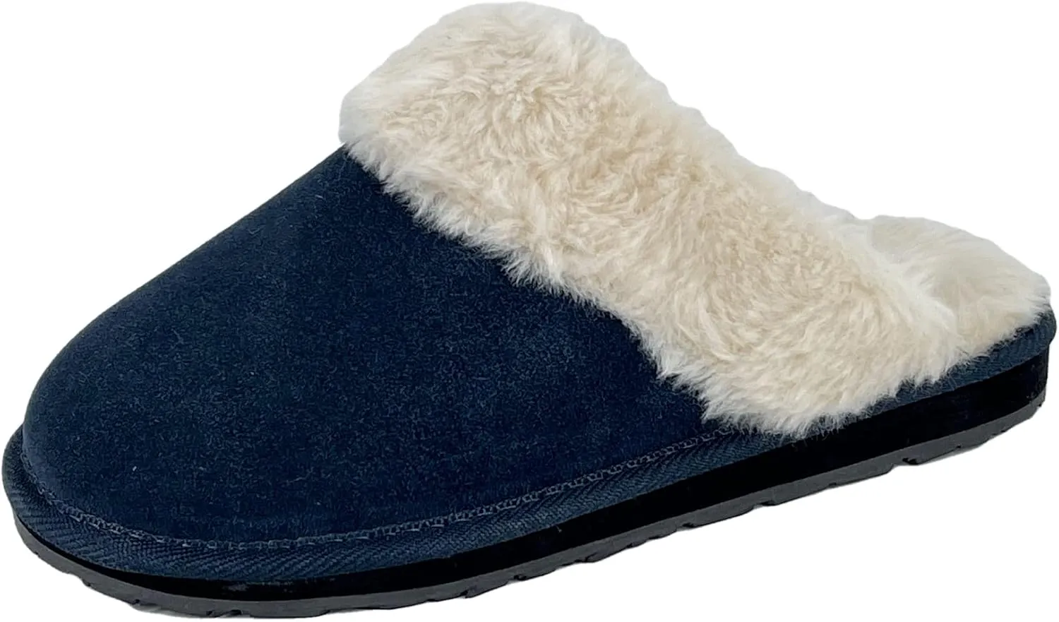Clarks Womens Open Back Suede Leather Comfort Clog Slipper JMS0583C - Plush Faux Fur Trim - Indoor Outdoor House Slippers For Women (9 M US, Navy)