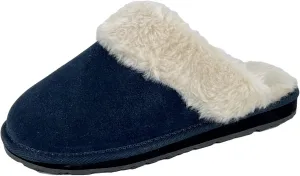 Clarks Womens Open Back Suede Leather Comfort Clog Slipper JMS0583C - Plush Faux Fur Trim - Indoor Outdoor House Slippers For Women (9 M US, Navy)