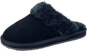 Clarks Womens Open Back Suede Leather Comfort Clog Slipper JMS0583C - Plush Faux Fur Trim - Indoor Outdoor House Slippers For Women