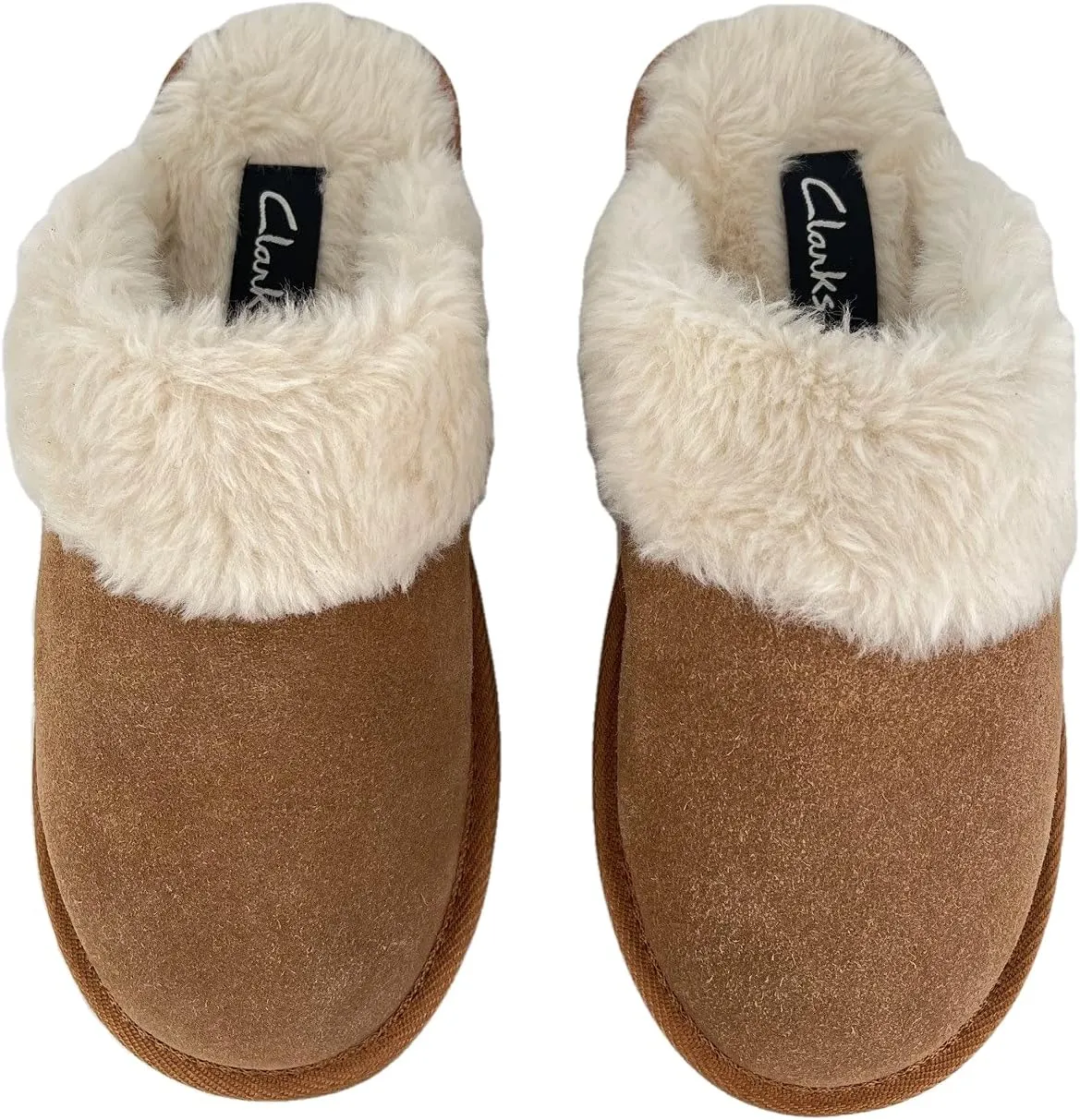 Clarks Womens Open Back Suede Leather Comfort Clog Slipper JMS0583C - Plush Faux Fur Trim - Indoor Outdoor House Slippers For Women