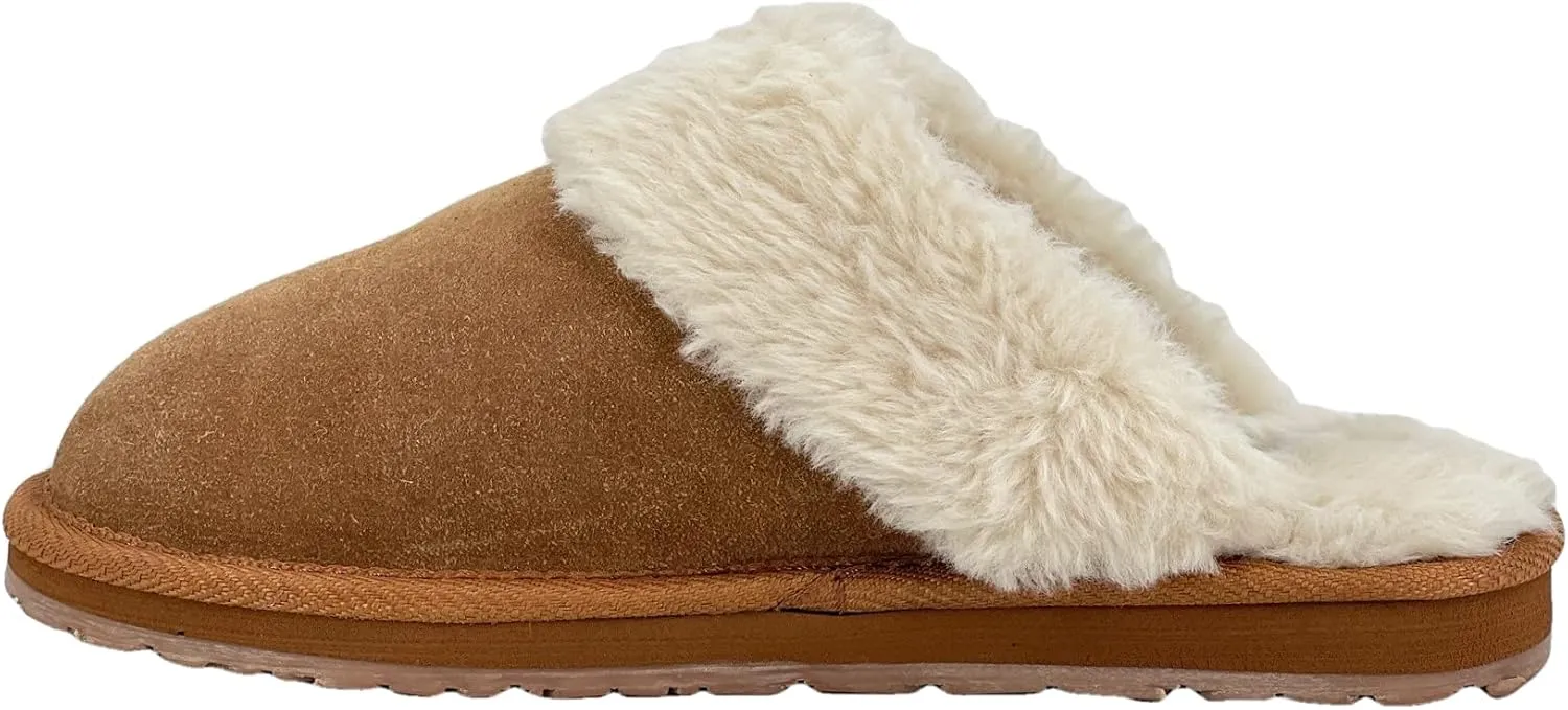 Clarks Womens Open Back Suede Leather Comfort Clog Slipper JMS0583C - Plush Faux Fur Trim - Indoor Outdoor House Slippers For Women