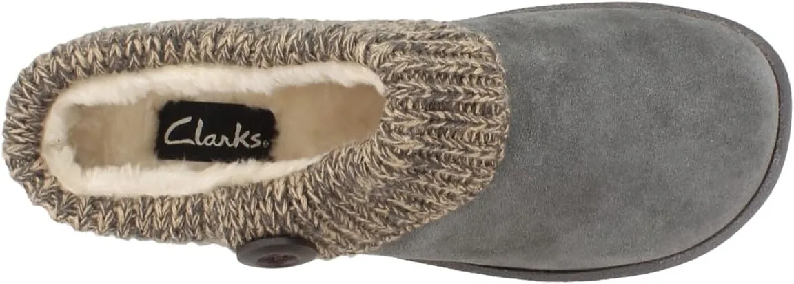 Clarks Womens Slipper Suede Leather Knitted Collar Clog Slippers - Plush Faux Fur Lining