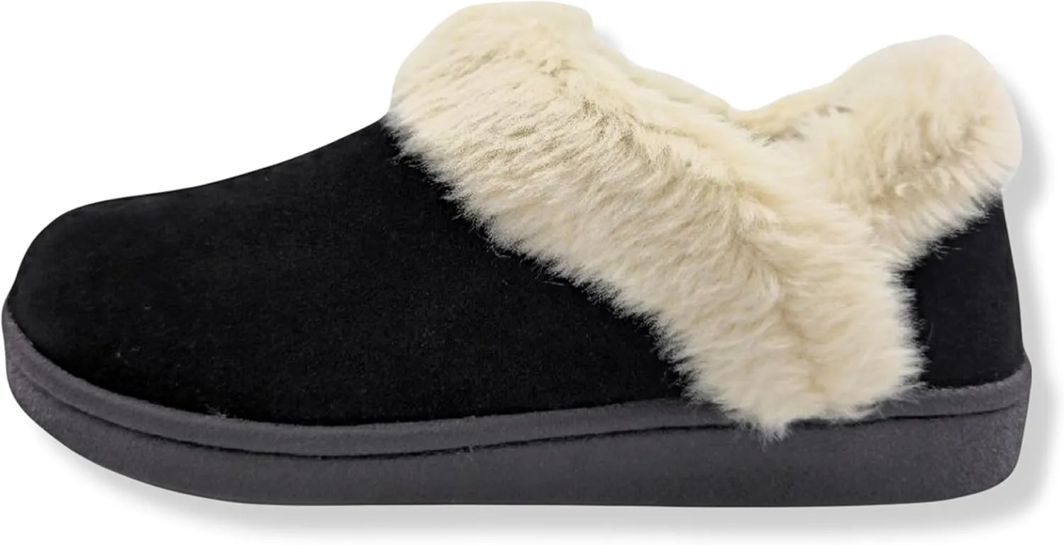 Clarks Womens Suede Leather Ankle Bootie Slipper JMH2034 - Plush Faux Fur Lined - Indoor Outdoor House Slippers For Women