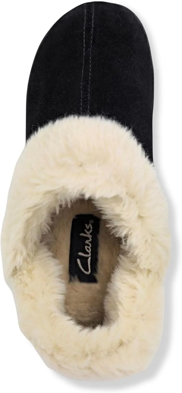 Clarks Womens Suede Leather Ankle Bootie Slipper JMH2034 - Plush Faux Fur Lined - Indoor Outdoor House Slippers For Women