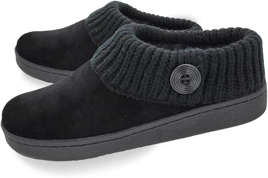 Clarks Womens Suede Leather Comfort Clog Knitted Collar Slipper - Plush Faux Fur Trim - Indoor Outdoor House Slippers For Women (Black/Black 9M)