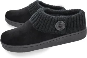 Clarks Womens Suede Leather Comfort Clog Knitted Collar Slipper - Plush Faux Fur Trim - Indoor Outdoor House Slippers For Women (Black/Black 9M)