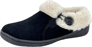 Clarks Womens Suede Leather Slipper with Gore and Bungee JMH2213 - Warm Plush Faux Fur Lining - Indoor Outdoor House Slippers For Women (Black Premium Suede, 7)