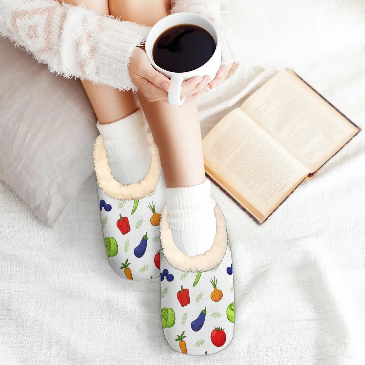 Colorful Vegetable House Slippers for Women/Men, Non-Slip House Slipper Socks, Plush Lined Slippers Shoes for Boys Girls Teens Indoor Bedroom (Tomatoes Peppers Cabbage)