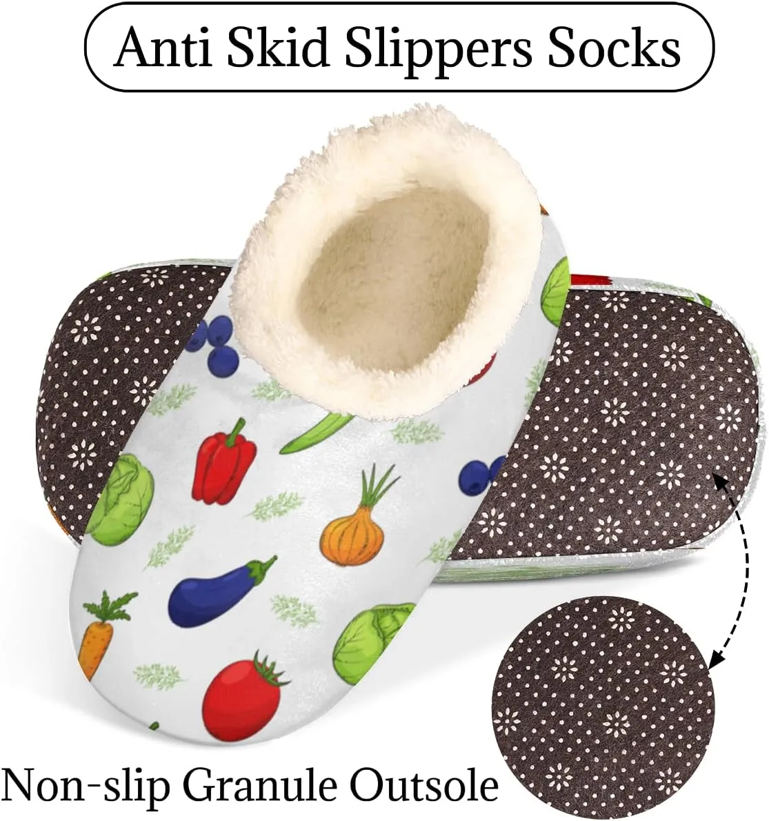 Colorful Vegetable House Slippers for Women/Men, Non-Slip House Slipper Socks, Plush Lined Slippers Shoes for Boys Girls Teens Indoor Bedroom (Tomatoes Peppers Cabbage)