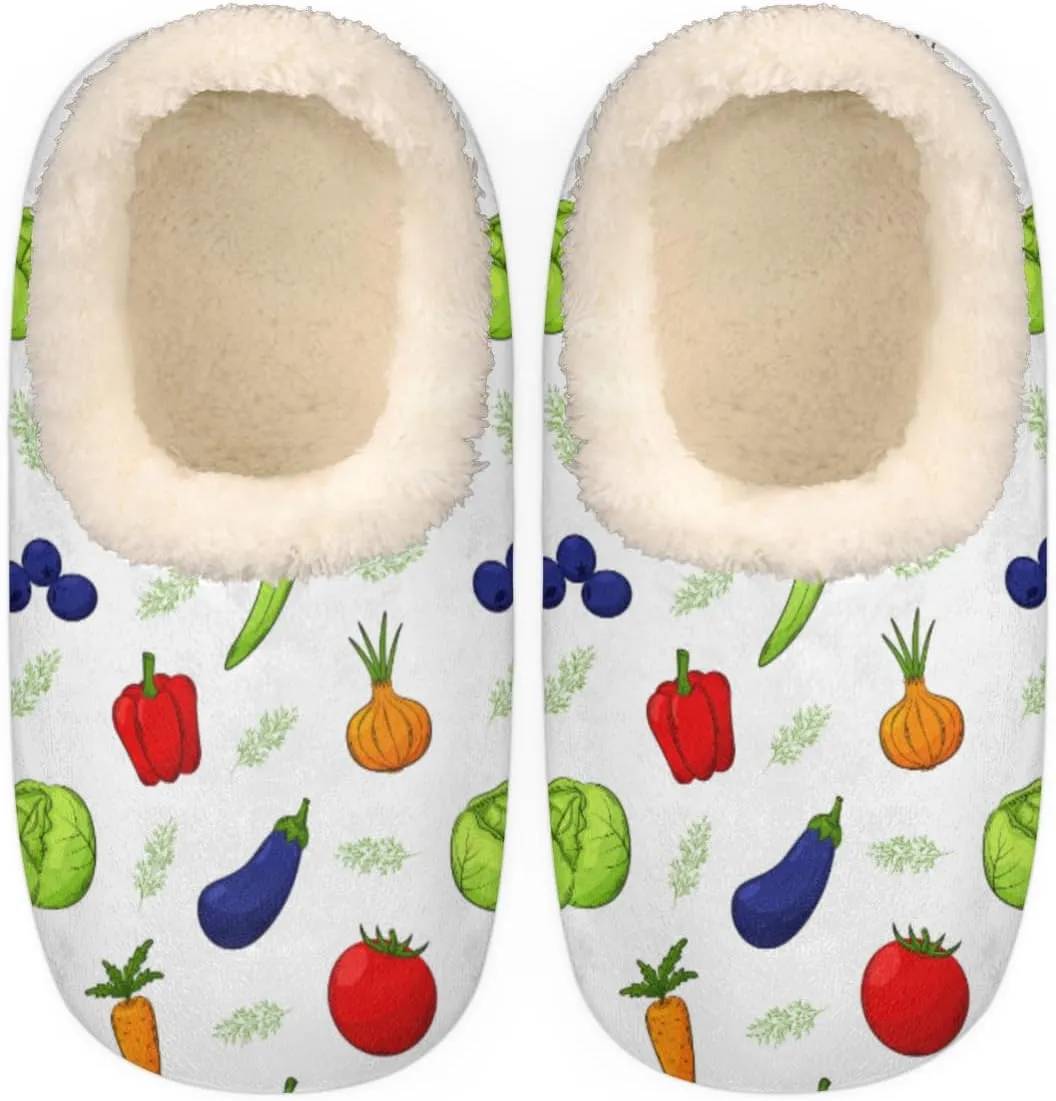 Colorful Vegetable House Slippers for Women/Men, Non-Slip House Slipper Socks, Plush Lined Slippers Shoes for Boys Girls Teens Indoor Bedroom (Tomatoes Peppers Cabbage)