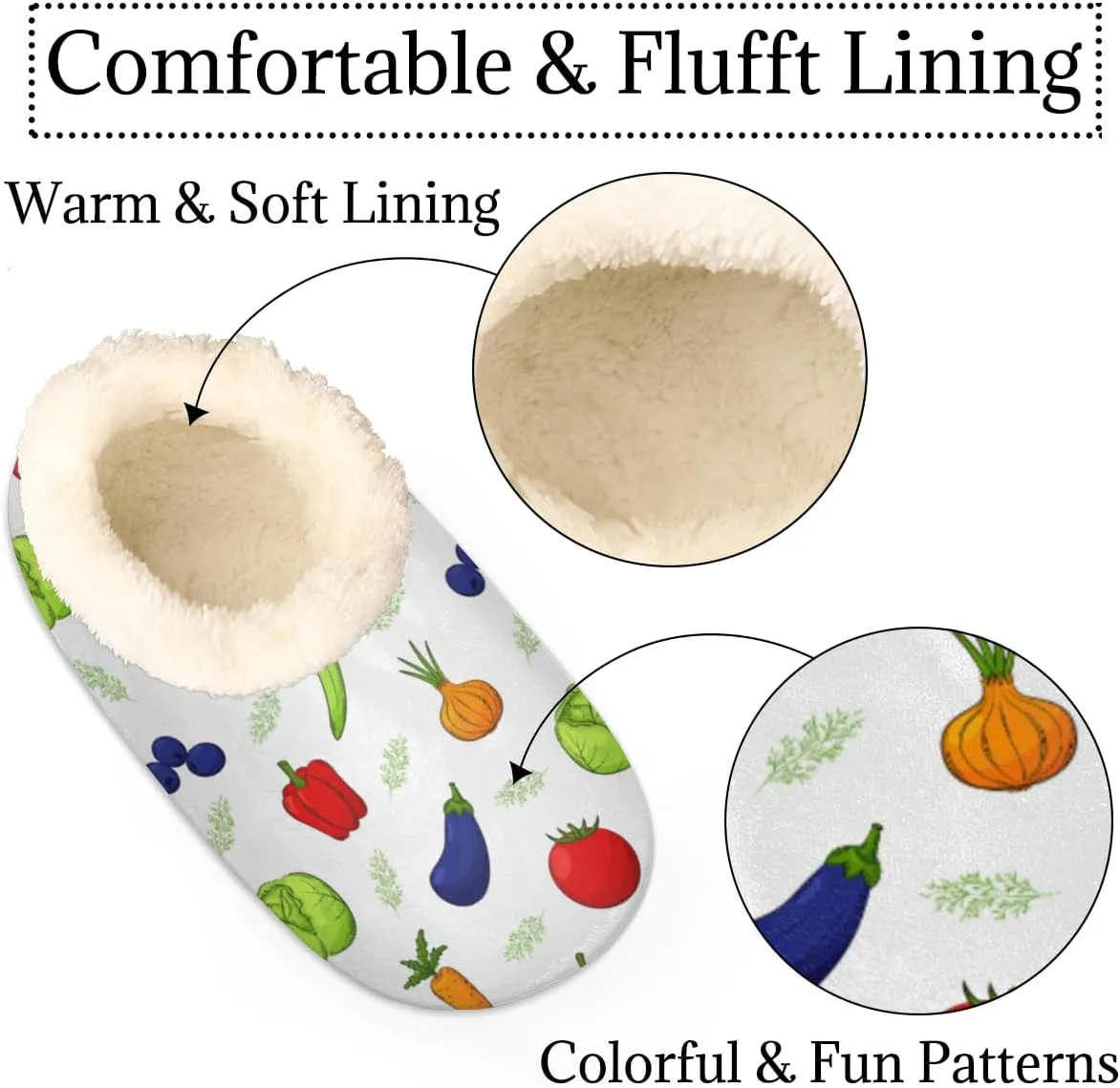 Colorful Vegetable House Slippers for Women/Men, Non-Slip House Slipper Socks, Plush Lined Slippers Shoes for Boys Girls Teens Indoor Bedroom (Tomatoes Peppers Cabbage)