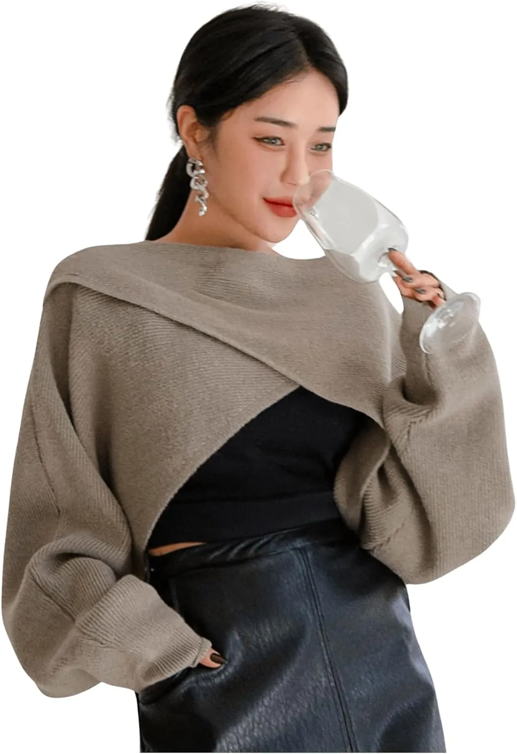 COZYEASE Women's Criss Cross Boat Neck Long Sleeve Crop Sweater Solid Casual Plain Sweater Coat