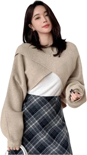 COZYEASE Women's Criss Cross Boat Neck Long Sleeve Crop Sweater Solid Casual Plain Sweater Coat
