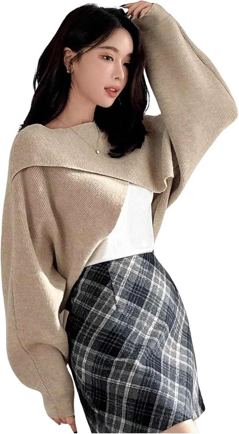 COZYEASE Women's Criss Cross Boat Neck Long Sleeve Crop Sweater Solid Casual Plain Sweater Coat
