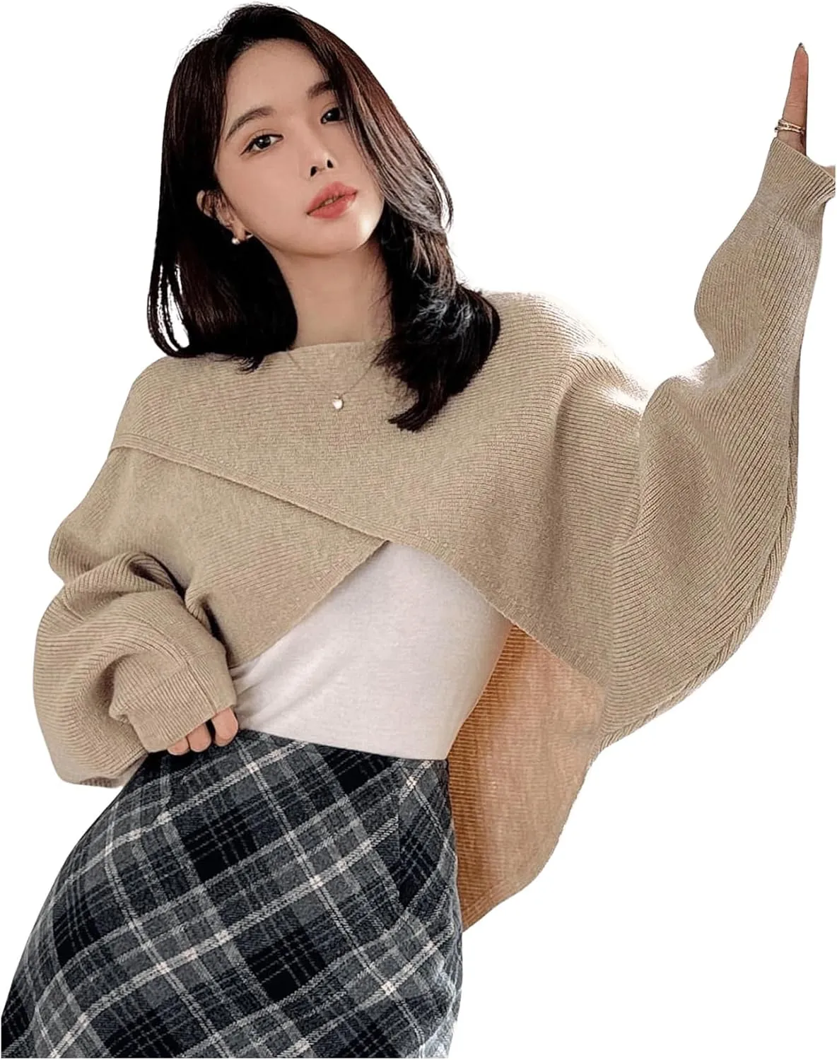 COZYEASE Women's Criss Cross Boat Neck Long Sleeve Crop Sweater Solid Casual Plain Sweater Coat