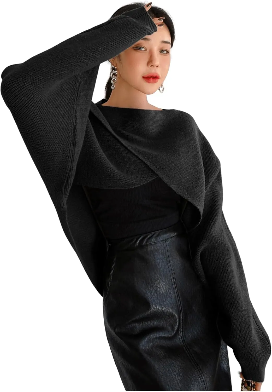 COZYEASE Women's Criss Cross Boat Neck Long Sleeve Crop Sweater Solid Casual Plain Sweater Coat