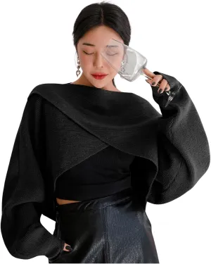 COZYEASE Women's Criss Cross Boat Neck Long Sleeve Crop Sweater Solid Casual Plain Sweater Coat