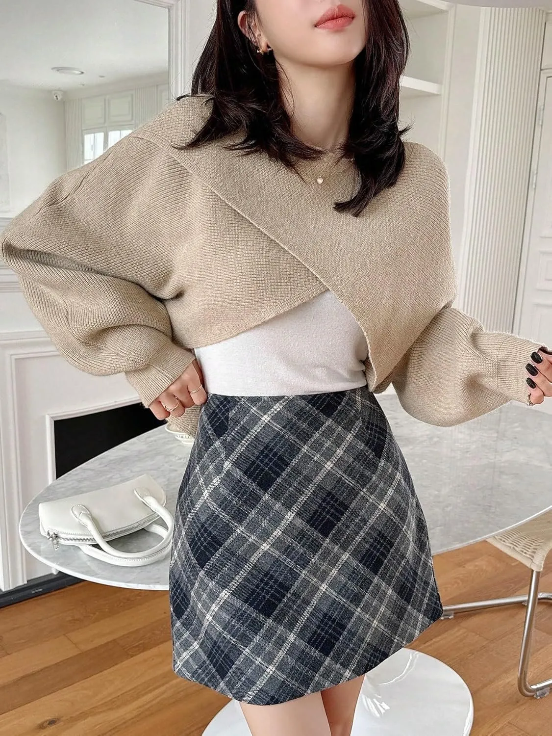 COZYEASE Women's Criss Cross Boat Neck Long Sleeve Crop Sweater Solid Casual Plain Sweater Coat