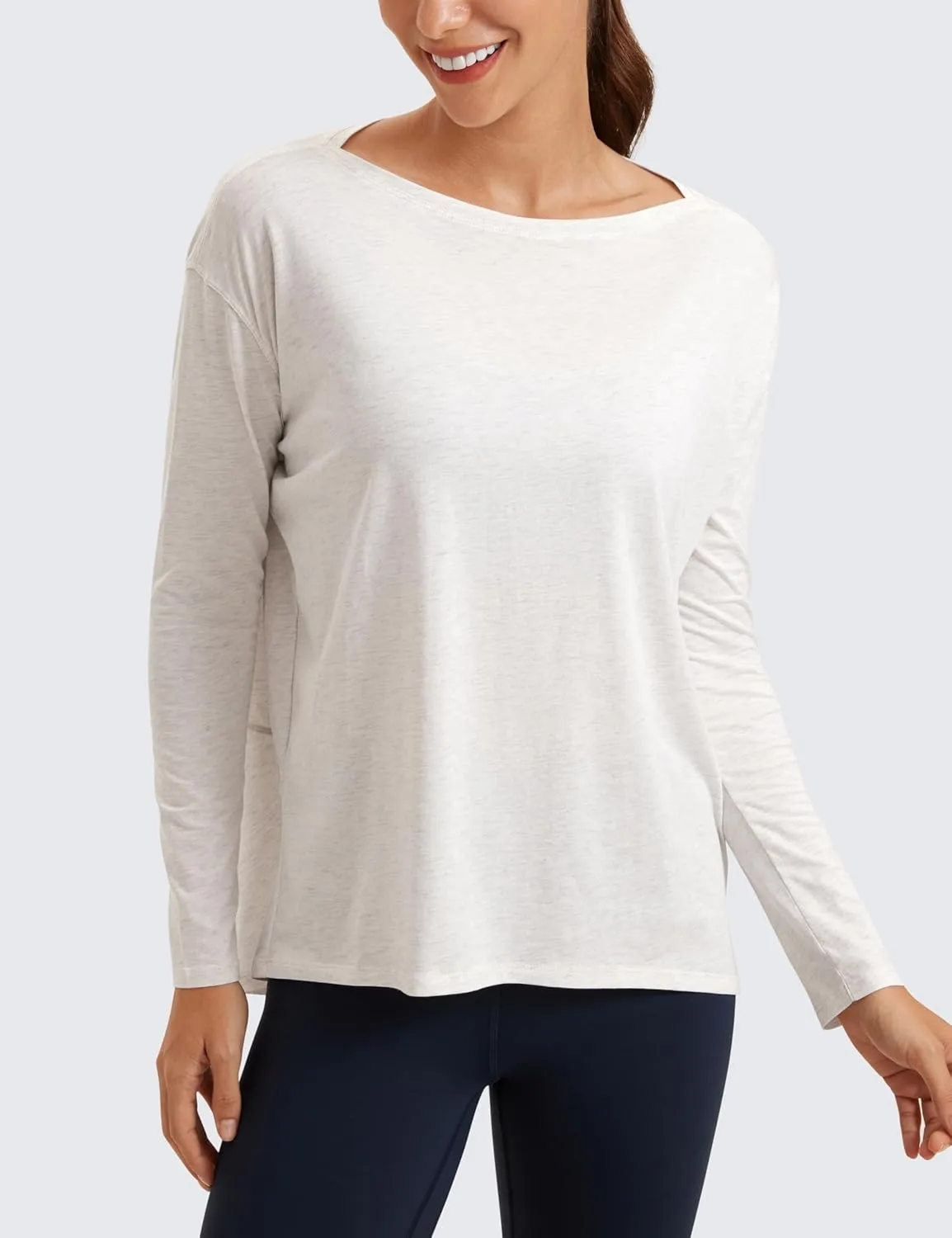 CRZ YOGA Pima Cotton Long Sleeve Workout Shirts for Women Loose Fit Athletic Yoga T-Shirts Casual Boat Neck Fall Tops