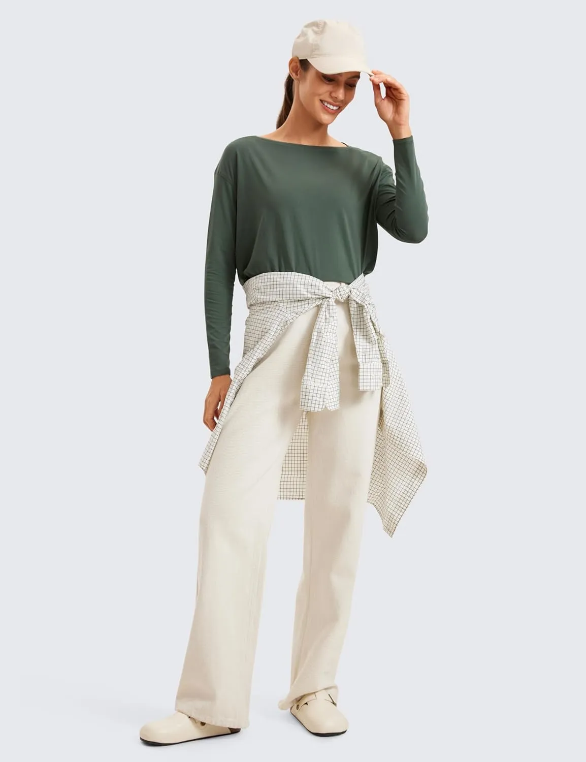 CRZ YOGA Pima Cotton Long Sleeve Workout Shirts for Women Loose Fit Athletic Yoga T-Shirts Casual Boat Neck Fall Tops