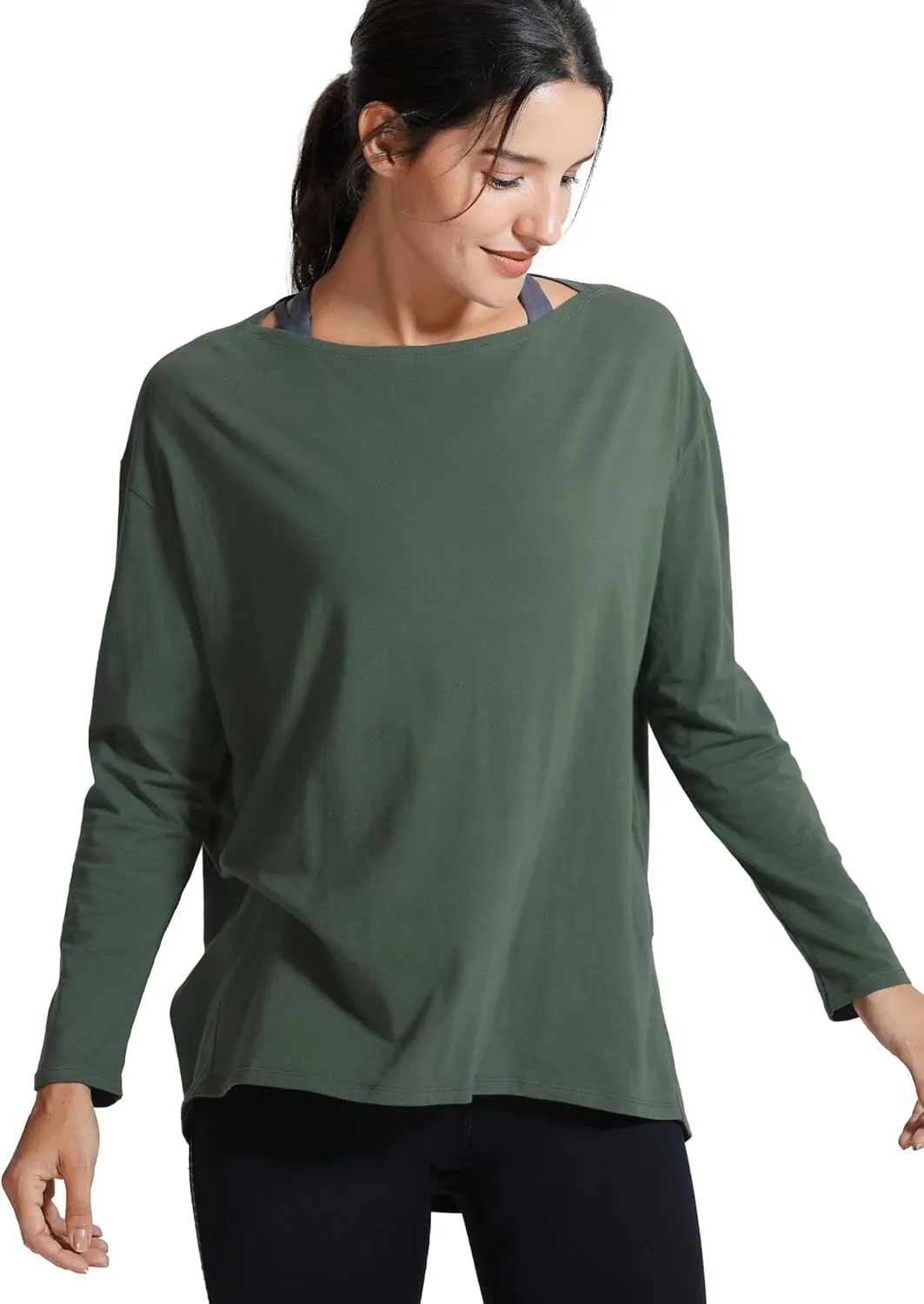 CRZ YOGA Pima Cotton Long Sleeve Workout Shirts for Women Loose Fit Athletic Yoga T-Shirts Casual Boat Neck Fall Tops