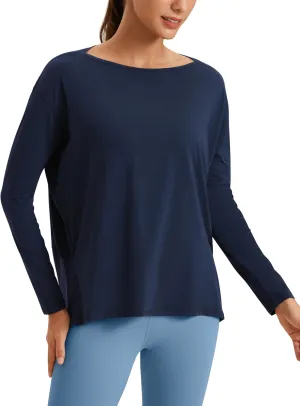 CRZ YOGA Pima Cotton Long Sleeve Workout Shirts for Women Loose Fit Athletic Yoga T-Shirts Casual Boat Neck Fall Tops