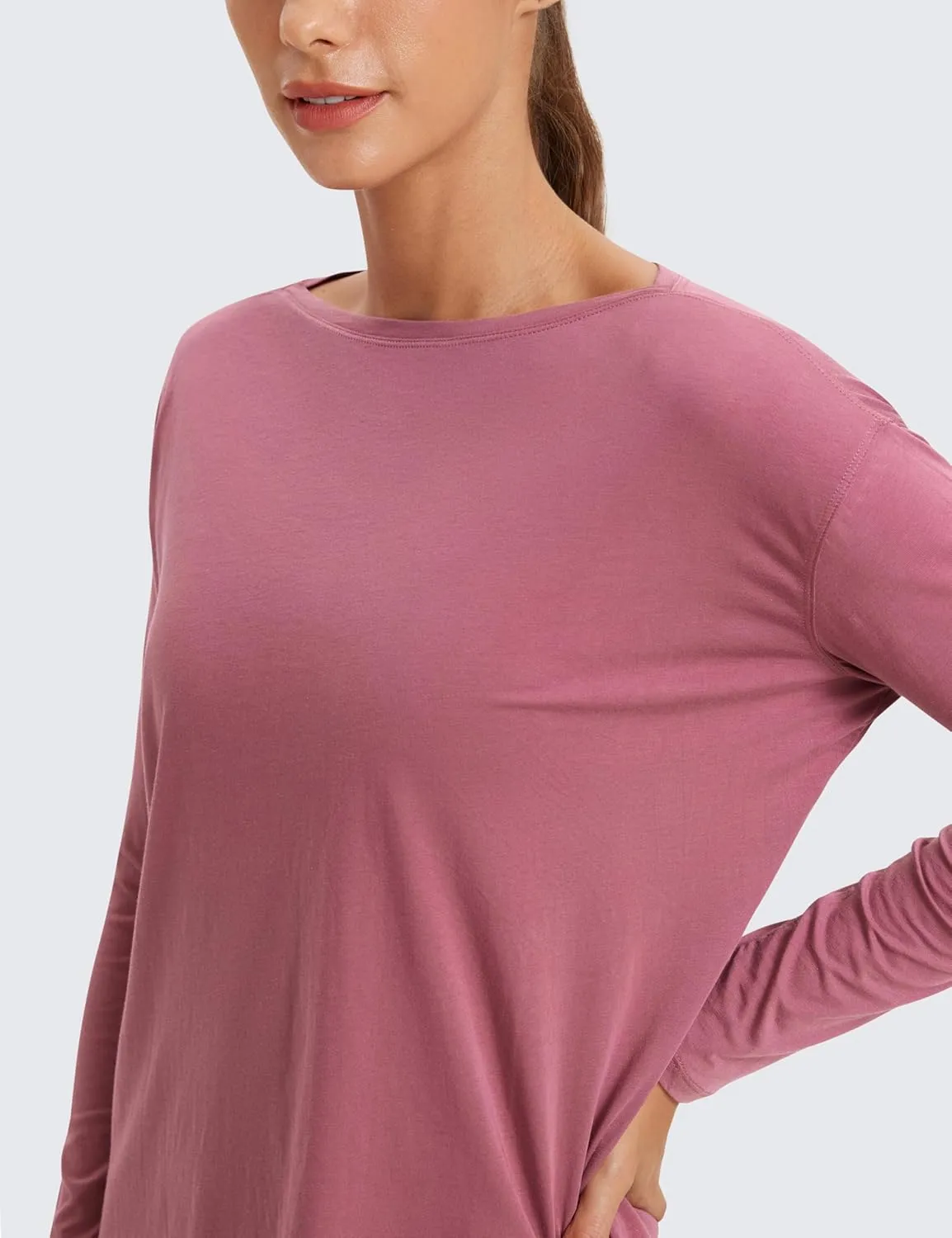 CRZ YOGA Pima Cotton Long Sleeve Workout Shirts for Women Loose Fit Athletic Yoga T-Shirts Casual Boat Neck Fall Tops