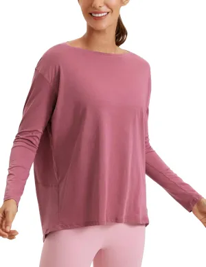 CRZ YOGA Pima Cotton Long Sleeve Workout Shirts for Women Loose Fit Athletic Yoga T-Shirts Casual Boat Neck Fall Tops