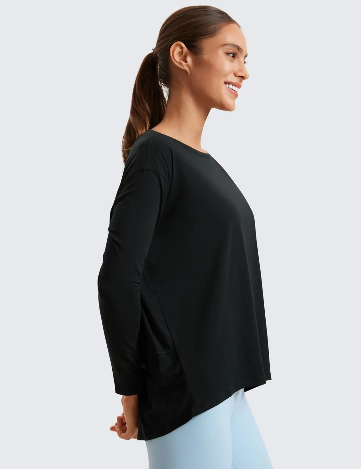 CRZ YOGA Pima Cotton Long Sleeve Workout Shirts for Women Loose Fit Athletic Yoga T-Shirts Casual Boat Neck Fall Tops