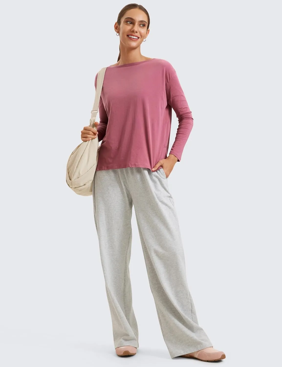 CRZ YOGA Pima Cotton Long Sleeve Workout Shirts for Women Loose Fit Athletic Yoga T-Shirts Casual Boat Neck Fall Tops