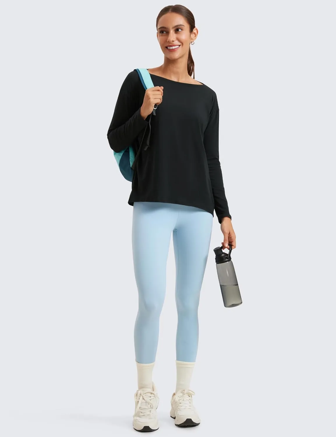 CRZ YOGA Pima Cotton Long Sleeve Workout Shirts for Women Loose Fit Athletic Yoga T-Shirts Casual Boat Neck Fall Tops