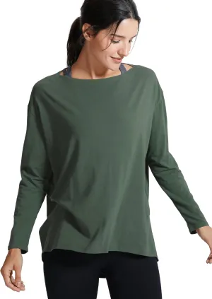 CRZ YOGA Pima Cotton Long Sleeve Workout Shirts for Women Loose Fit Athletic Yoga T-Shirts Casual Boat Neck Fall Tops