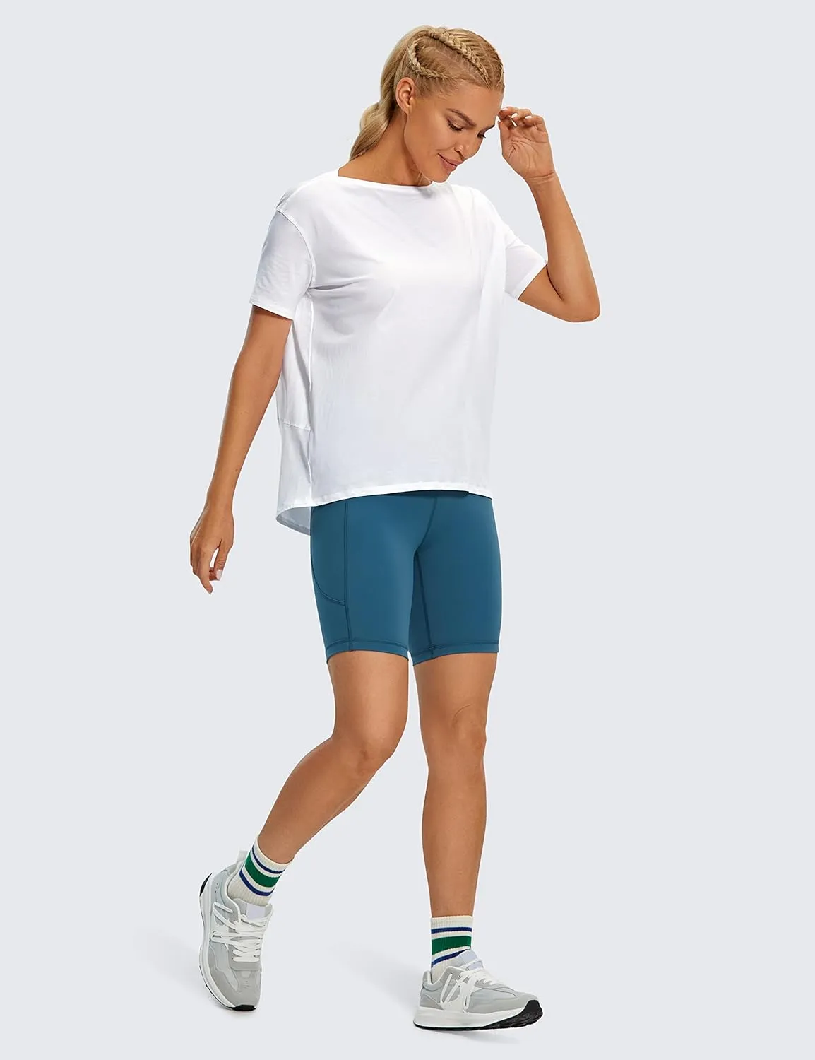 CRZ YOGA Women's Pima Cotton Short Sleeve Shirts Boat Neck Loose Fit Gym Workout T-Shirt Athletic Casual Tops
