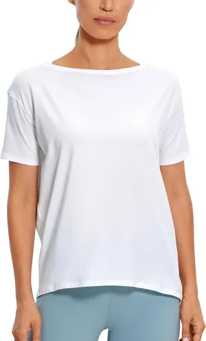 CRZ YOGA Women's Pima Cotton Short Sleeve Shirts Boat Neck Loose Fit Gym Workout T-Shirt Athletic Casual Tops
