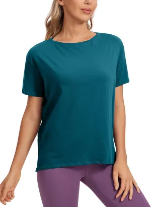 CRZ YOGA Women's Pima Cotton Short Sleeve Shirts Boat Neck Loose Fit Gym Workout T-Shirt Athletic Casual Tops