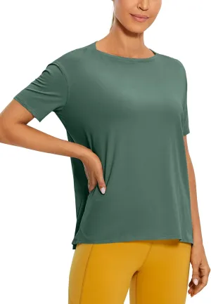CRZ YOGA Women's Pima Cotton Short Sleeve Shirts Boat Neck Loose Fit Gym Workout T-Shirt Athletic Casual Tops