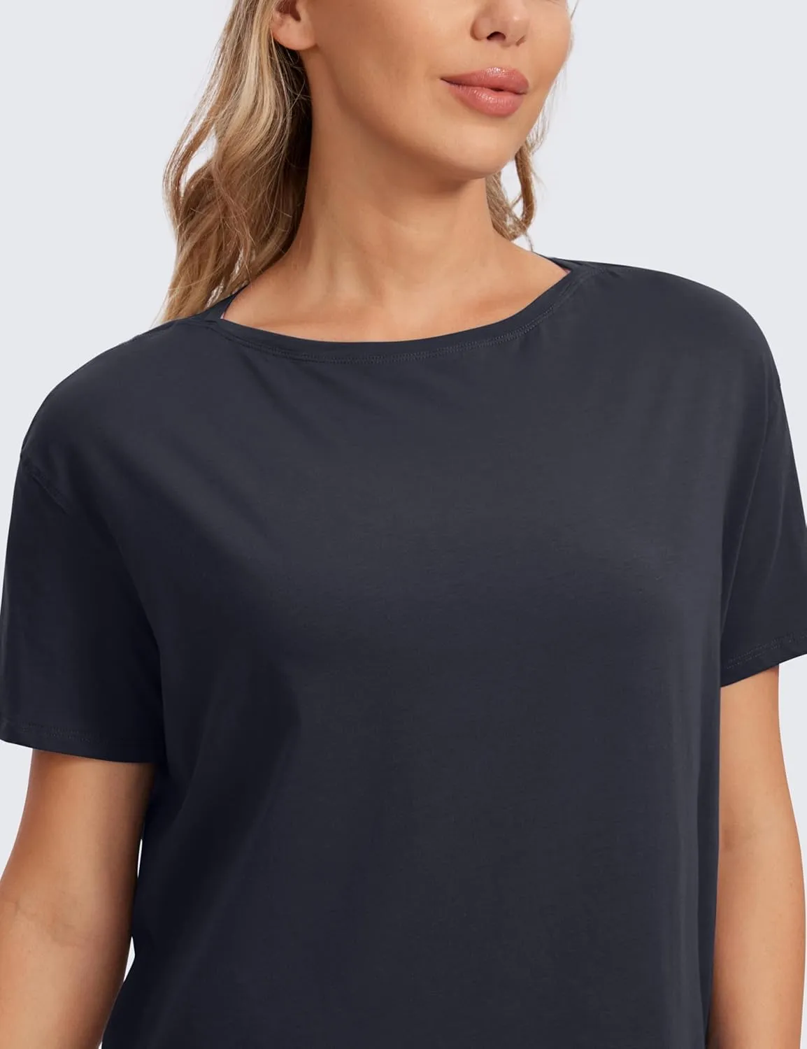 CRZ YOGA Women's Pima Cotton Short Sleeve Shirts Boat Neck Loose Fit Gym Workout T-Shirt Athletic Casual Tops