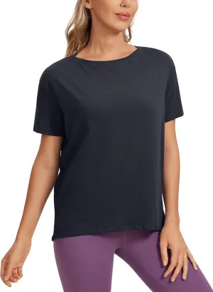 CRZ YOGA Women's Pima Cotton Short Sleeve Shirts Boat Neck Loose Fit Gym Workout T-Shirt Athletic Casual Tops