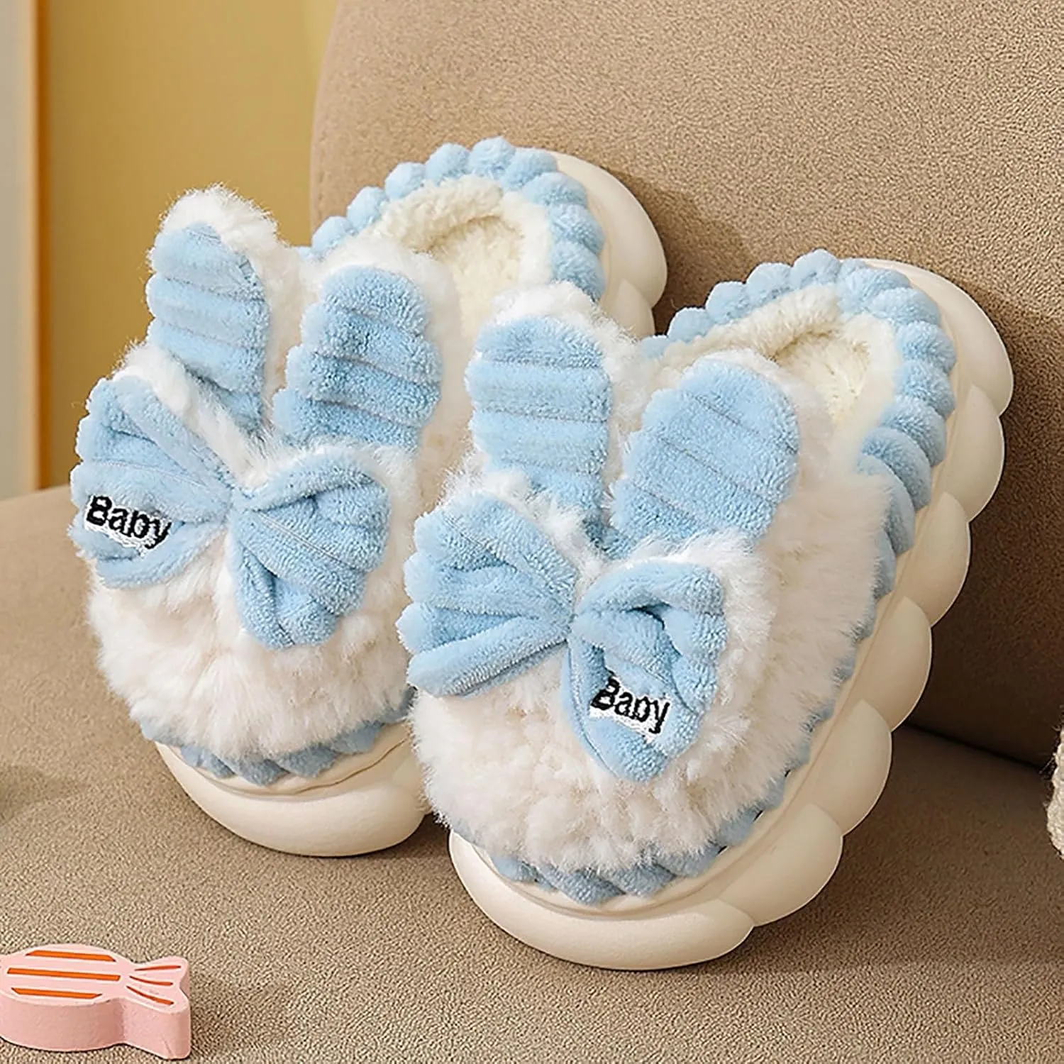 Cute Rabbit Ear Girls Plush House Slippers Bunny Fluffy Slippers, Cute Faux Fur Slip-on Shoes Memory Foam House Slipper Indoor Warm Plush Animal Shoes