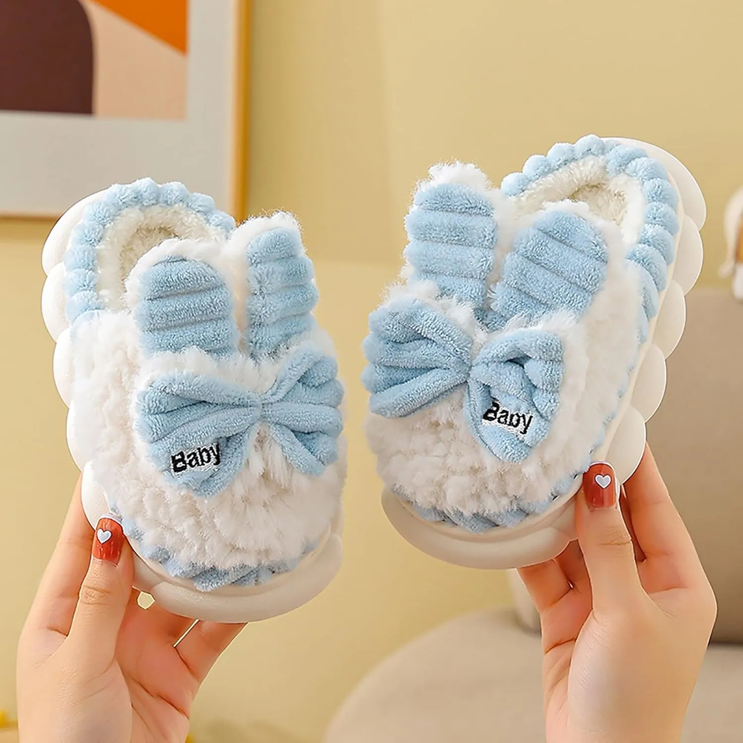 Cute Rabbit Ear Girls Plush House Slippers Bunny Fluffy Slippers, Cute Faux Fur Slip-on Shoes Memory Foam House Slipper Indoor Warm Plush Animal Shoes