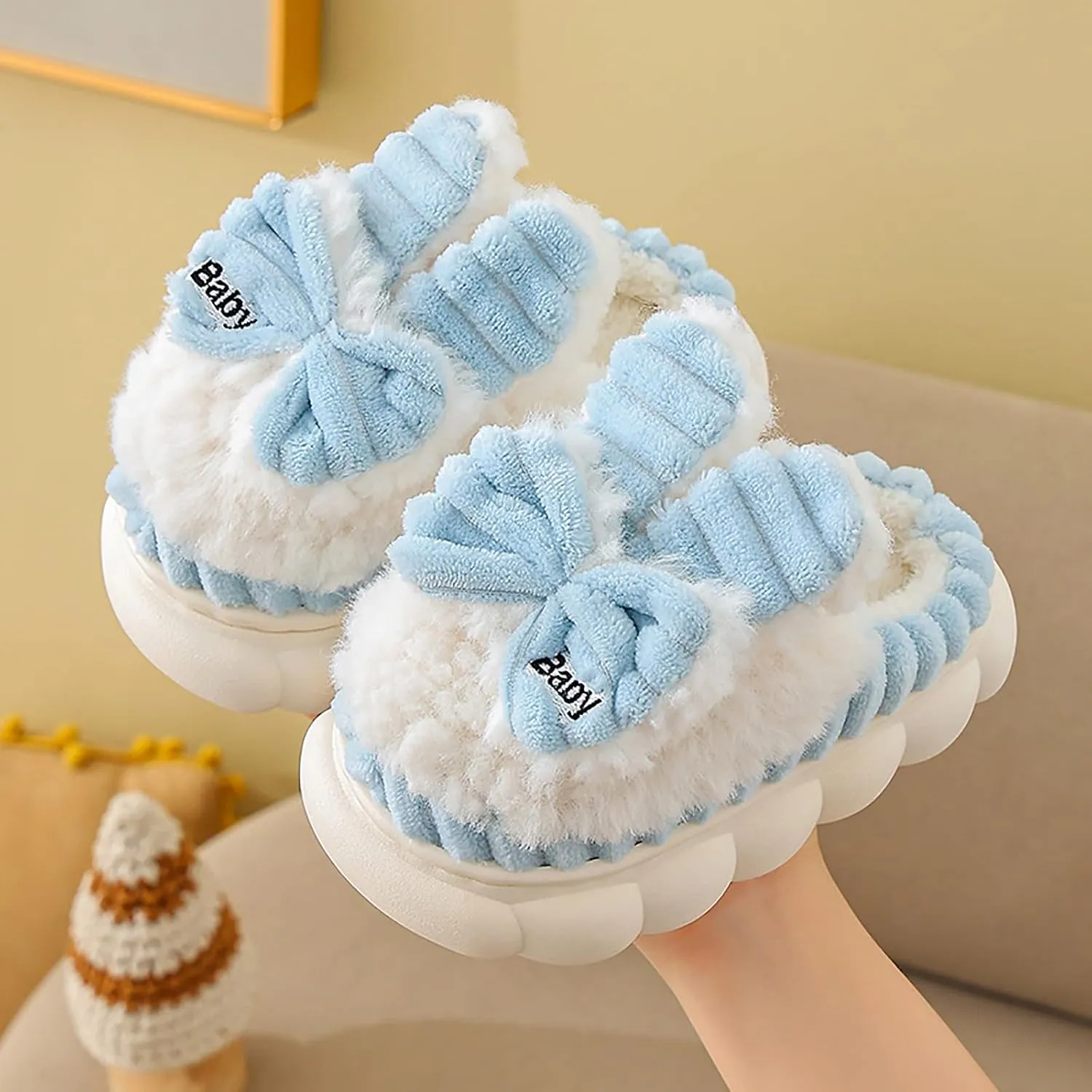 Cute Rabbit Ear Girls Plush House Slippers Bunny Fluffy Slippers, Cute Faux Fur Slip-on Shoes Memory Foam House Slipper Indoor Warm Plush Animal Shoes
