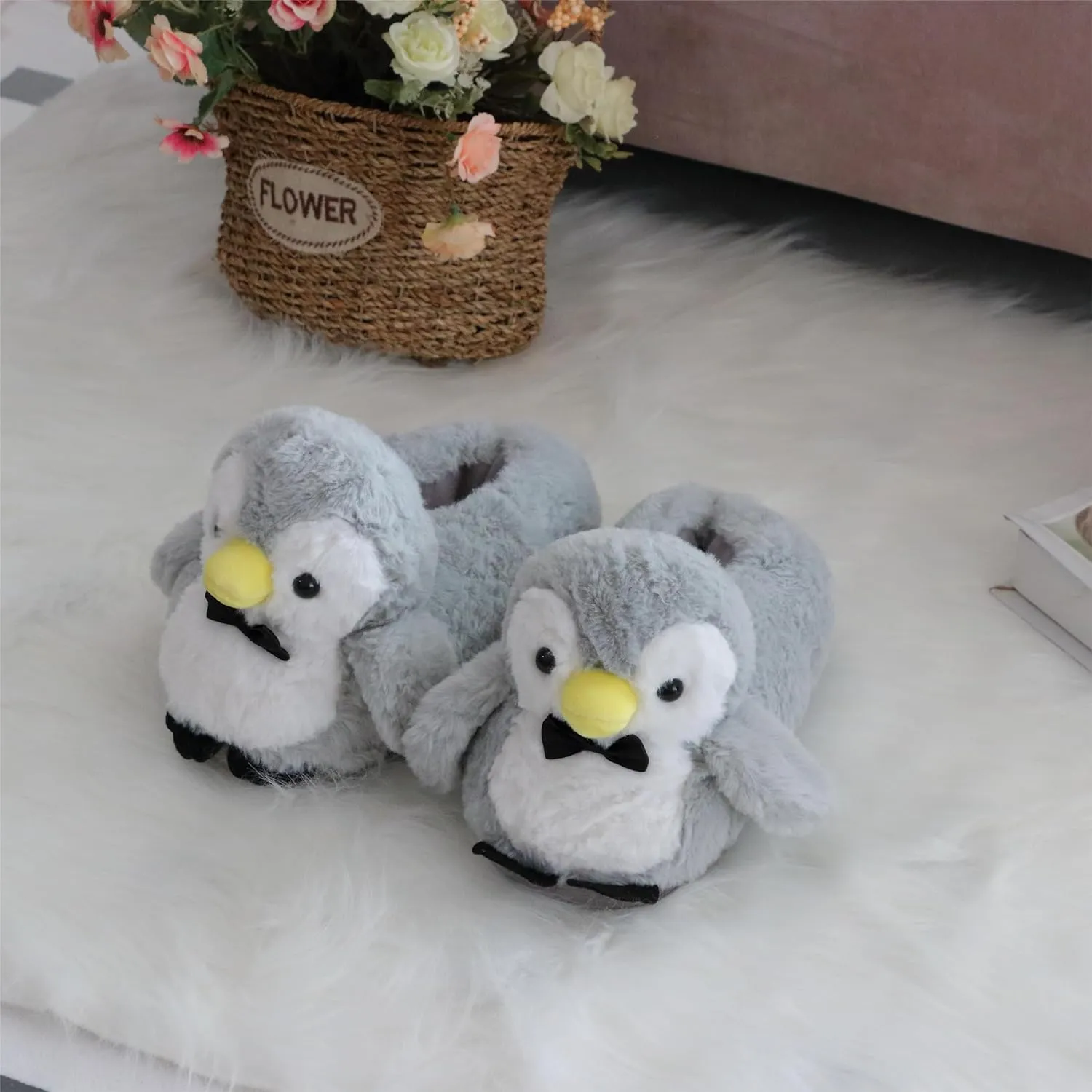 Cute Women Penguin Animal Slippers Fluffy Warm Plush House Shoes Novelty Soft Slippers Cartoon Gifts for Birthday Christmas